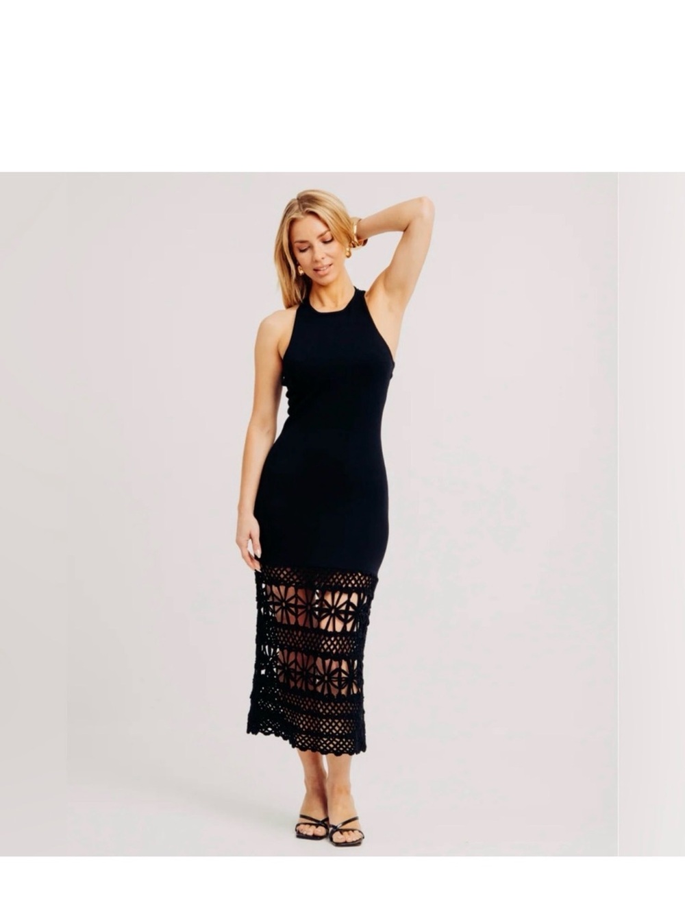 Ronny Kobo Black Halter Midi Dress with Crochet Hem